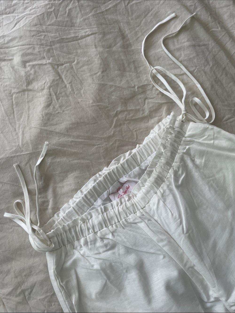Lisa Says Gah White Wide-Leg Drawstring Linen Lined Pants - Picture 2 of 5